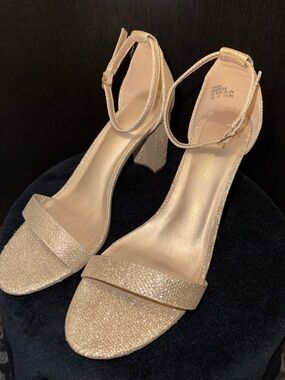 Metallic Gold Block Heel Ankle-Strap Sandals